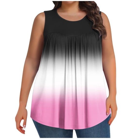 Gamivast Plus Size Tank Tops for Women Oversized Gradient Crewneck Blouses Holiday Sleeveless Ruched Lounge Shirts Comfy Summer Vacation Tops