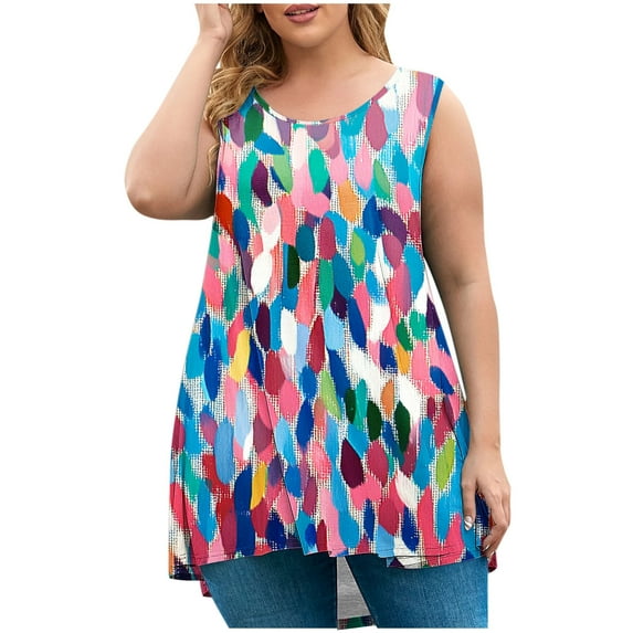Gamivast Plus Size Tank Tops for Women Red White Floral Print Round ...