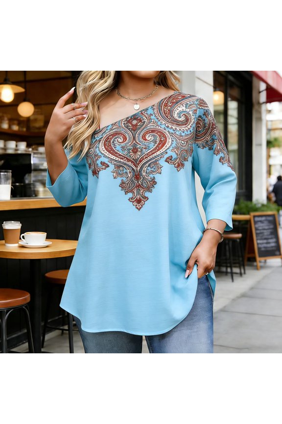 Plus Size Tops For Women Heart Paisley Print Skew Neck Graphic Tees 3/4 Sleeve Tunic Tops Vintage Style Date Night Outfits