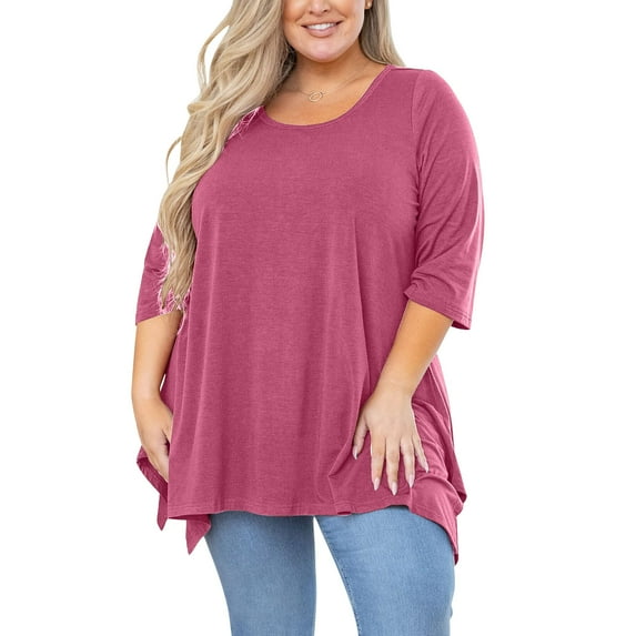Gamivast Plus Size Tops for Women Crew Neck 3/4 Sleeve Comfy Tunic Tops Spring Summer Clothes Shirts Blouse Pink XXXL Placed Recently by Me Plus Membership