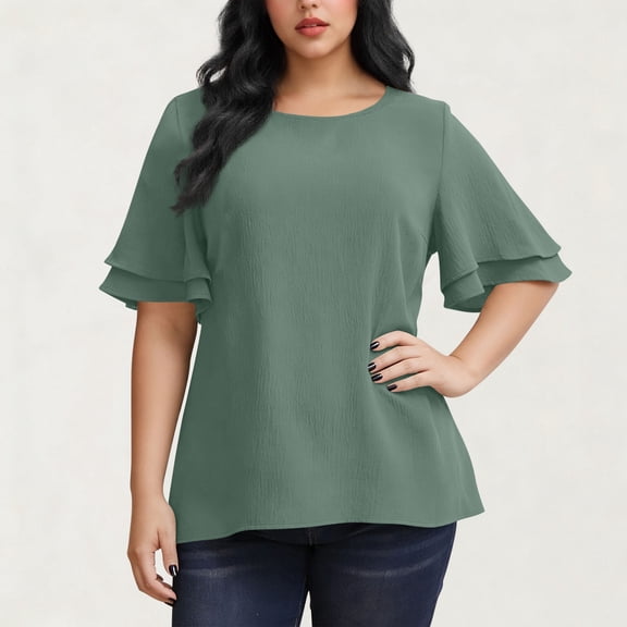 Gamivast Plus Size Tunic Tops for Women Short Ruffle Sleeve Round Neck Dressy Shirts Casual Loose Drop Shoulder Blouse Work Office Outfits