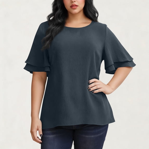 Gamivast Plus Size Tunic Tops for Women Short Ruffle Sleeve Round Neck Dressy Shirts Casual Loose Drop Shoulder Blouse Work Office Outfits