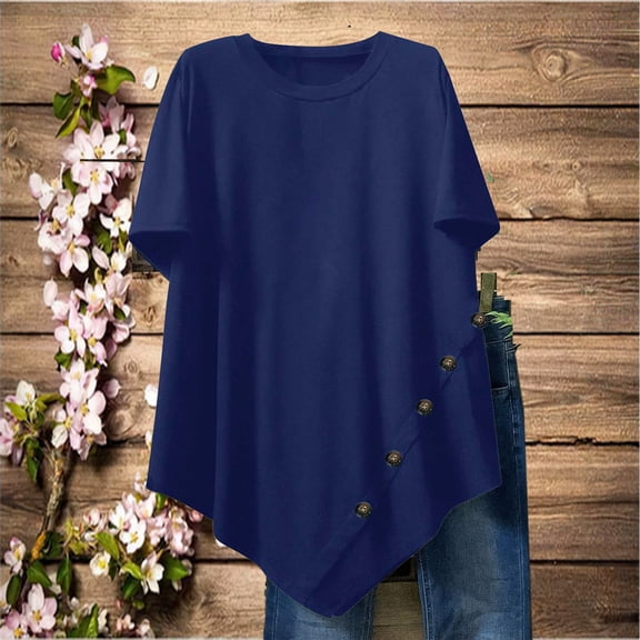 Gamivast Plus Size Tunic Tops for Women Short Sleeve Asymmetric Button Side Shirts Loose Crew Neck Casual Tops Summer Fashion Outfits
