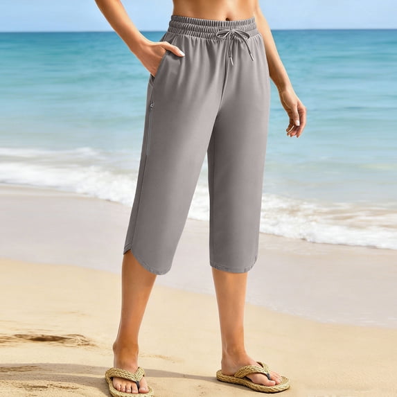 Gamivast Plus Size Women Capri Pants Elastic Waist Cropped Travel Pants with Pockets Quick Dry Lightweight Drawstring Beach Capris Relaxed Fit with Zipper Pocket Gray XXL
