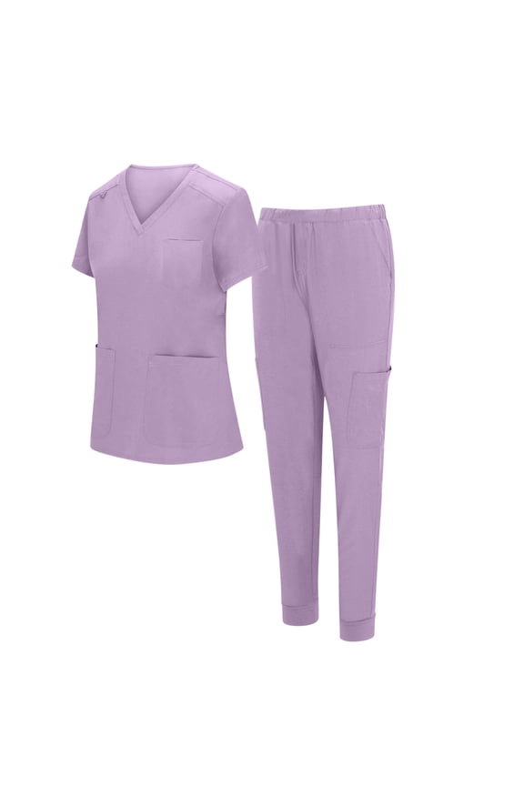 Plus Size Women Scrubs Sets Elastic Waist Jogger Pant V-Neck Scrubs Top Sets Stretch Breathable Nursing Scrubs 3 Pockets Quick-Dry Healthcare Uniform