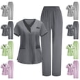 thumbnail image 1 of Gamivast Plus Size Women Scrubs Sets Elastic Waist Straight Pant V-Neck Button Scrubs Tops Set Moisture Wicking Nursing Scrubs 3 Pockets Contrast Trim Workwear, 1 of 2