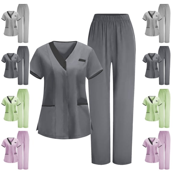 Gamivast Plus Size Women Scrubs Sets Elastic Waist Straight Pant V-Neck Button Scrubs Tops Set Moisture Wicking Nursing Scrubs 3 Pockets Contrast Trim Workwear