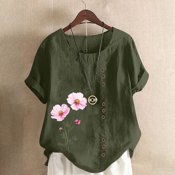 Gamivast Plus Size Womens Linen Tops Round Neck Loose Short Sleeve Print Shirts Button Side Casual Work Blouses Summer Outdoor Outfits
