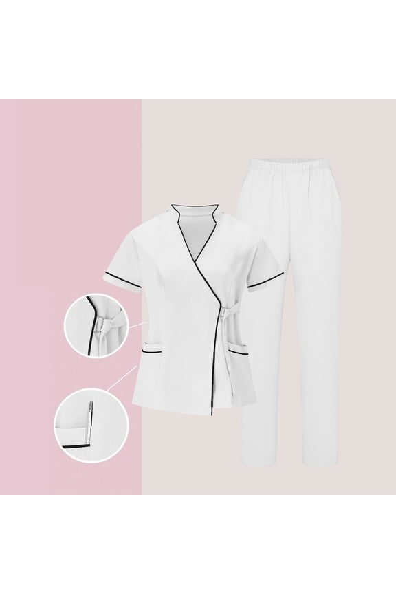 Plus Size Womens Nursing Scrubs Set Elastic Waist Pant Open Front Scrubs Tops Soft Stretch Breathable Nurse Scrubs Two Pockets Healthcare Wear