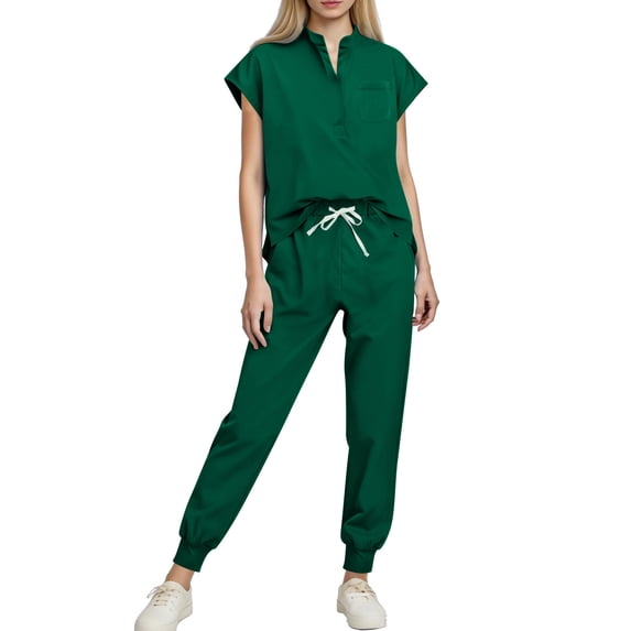 Gamivast Plus Size Womens Scrubs Set Drawstring Jogger Pant V-Neck Zip Cap Sleeve Scrubs Set Breathable Quick-Dry Nursing Scrubs Pocket Clinical Hospital Wear