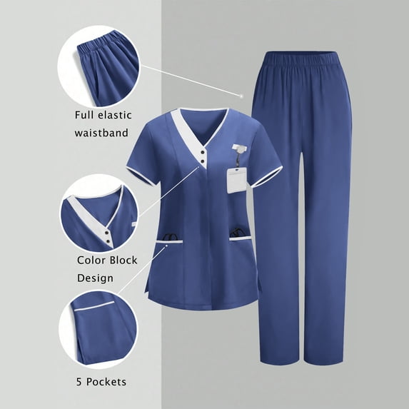 Gamivast Plus Size Womens Scrubs Set Lightweight Elastic Waist Pant V-Neck Short Sleeve Scrubs Set Nurse Scrubs Sets with 3 Pockets Contrast Trim Uniforms