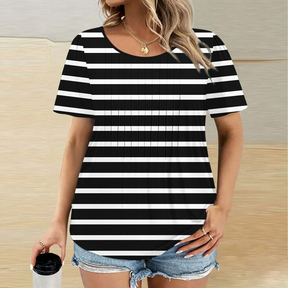 Gamivast Plus Size Womens Tops Crew Neck Loose Short Sleeve Blouse Stripe Print Drop Shoulder Casual Trendy Shirts Summer Everyday outfits