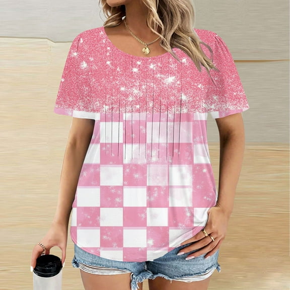 Gamivast Plus Size Womens Tops Short Sleeve Round Neck Floral Heart Print Shirts Pleated Front Stretchy Soft Casual Loose Fitted Shirts Summer Going out outfits