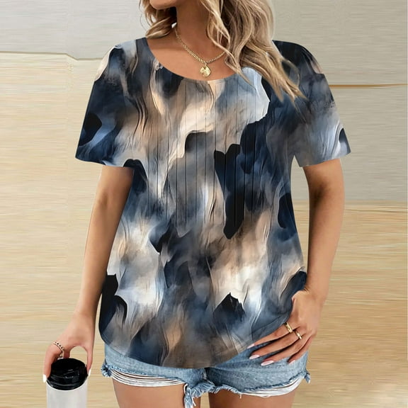 Gamivast Plus Size Womens Tops Short Sleeve Round Neck Floral Heart Print Shirts Pleated Front Stretchy Soft Casual Loose Fitted Shirts Summer Going out outfits