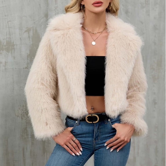 Gamivast Plush Fleece Jackets for Women Cropped Long Sleeve Coats Winter Warm Lapel Collar Going Out Party Outerwear Beige M