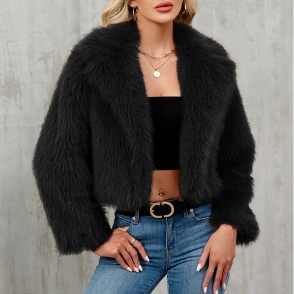 Gamivast Plush Fleece Jackets for Women Cropped Long Sleeve Coats Winter Warm Lapel Collar Going Out Party Outerwear Black XL