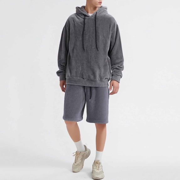 Gamivast Plush Fleece Lounge Set for Men Long Sleeve Hooded Sweatshirt and Shorts Warm Fuzzy Outfit for Winter Indoor Casual Daily Home Sleeping