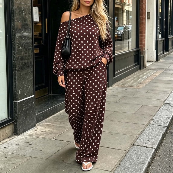 Gamivast Polka Dot 2 Piece Outfits for Women Long Sleeve One Shoulder Tops and Wide Leg Pants Set Casual Loose Fit Lounge Wear Summer Outfits Coffee XXL