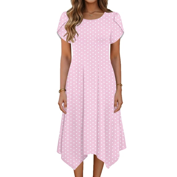Gamivast Polka Dot Dress for Women Short Sleeve Midi Dress With Pockets Loose Fit Casual Style Handkerchief Hem Summer Outfits Retro Print Sundress Style