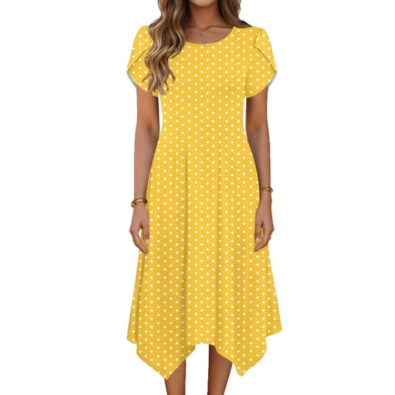Gamivast Polka Dot Dress for Women Short Sleeve Midi Dress With Pockets Loose Fit Casual Style Handkerchief Hem Summer Outfits Retro Print Sundress Style