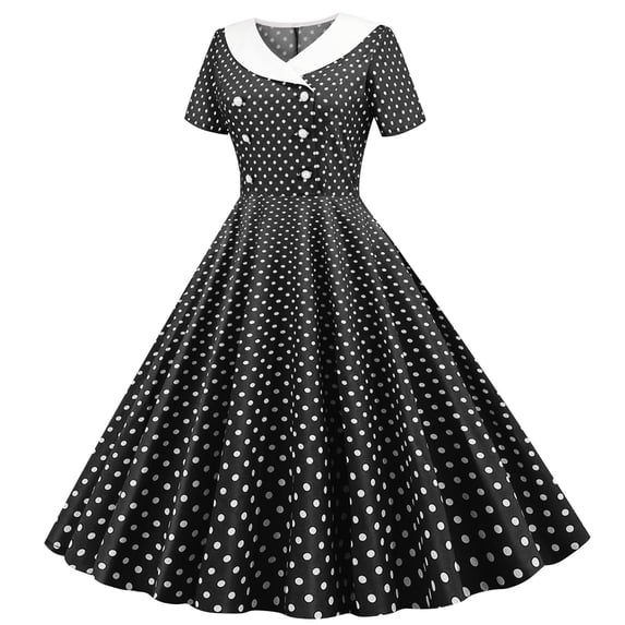Gamivast Polka Dot Dress for Women Flattering Short Sleeve Lapel Collar A Line Dress Double Breasted Midi Party Dress Vintage Style Cocktail Event