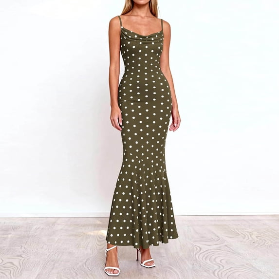 Gamivast Polka Dot Dress for Women Flattering Spaghetti Strap Cowl Neck Bodycon Dress Sleeveless Fishtail Hem Maxi Dress Elegant Cocktail Party