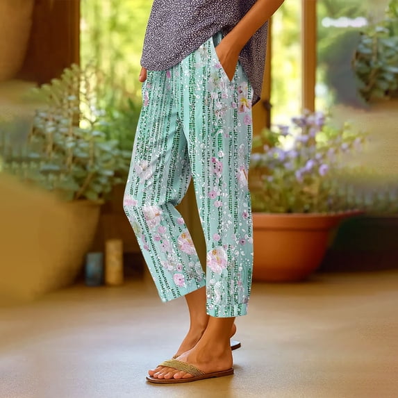 Gamivast Print Capri Pants for Women Pockets Relaxed Straight Leg Soft Comfortable Fabric Cuffed Ankle Casual Trousers for Summer Travel Vacation Lounge and Everyday Wear Green XL