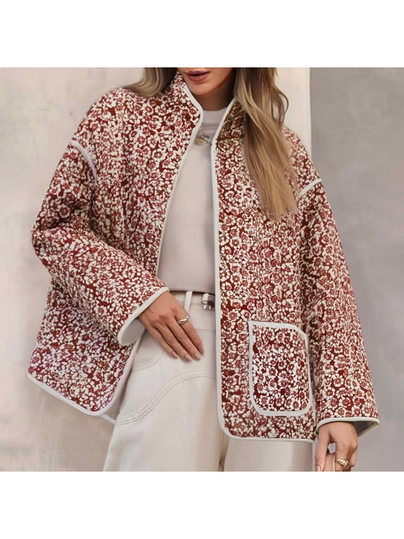 Printed Quilted Jackets for Women Lightweight Stand Collar Button Down Outerwear with Pockets Stylish Long Sleeve Drop Shoulder Casual Coats Winter Warm Clothes