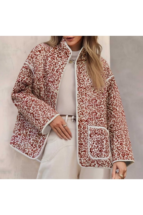 Printed Quilted Jackets for Women Lightweight Stand Collar Button Down Outerwear with Pockets Stylish Long Sleeve Drop Shoulder Casual Coats Winter Warm Clothes