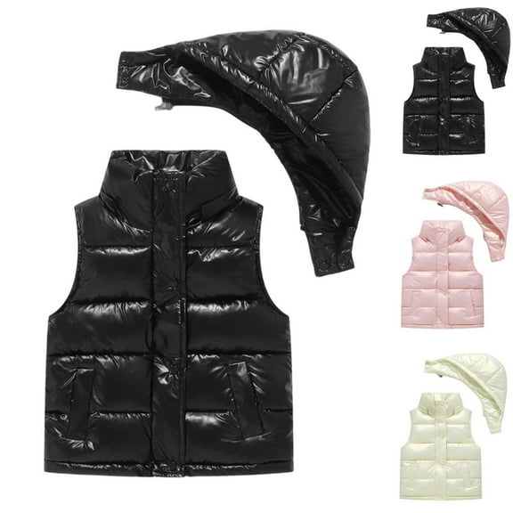 Gamivast Puffer Vest Kids Teen Shiny Zip up Sleeveless Down Jackets with Detachable Hooded Winter Warm Button Down Stand Collar Coats with Pockets Trendy Outerwear for Boys Girls (2-15)