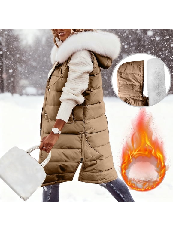 Puffer Vest for Women with Hood Sleeveless Long Winter Coat Zip up Quilted Parka Jacket Split Hem Fall Outerwear Khaki XXXXL