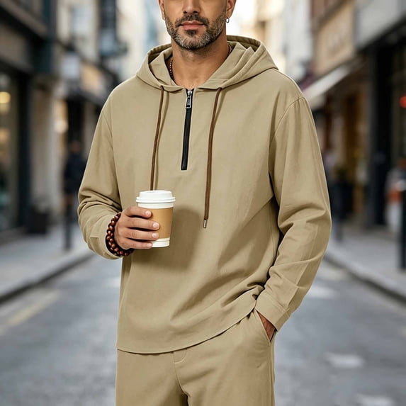 Gamivast Pullover Hoodie for Men Quarter Zip Hooded Sweatshirt Soft Lightweight Long Sleeve Tops with Drawstring Casual Athletic Shirts for Workout Daily Wear Lounge Khaki L