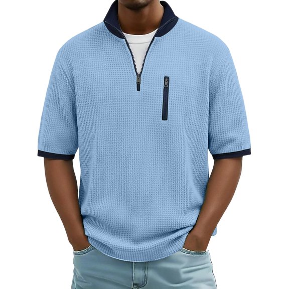 Gamivast Quarter Zip Shirts for Men V Neck Short Sleeve Golf Shirts Regular Fit Solid Textured Moisture Wicking Quarter Zip Pullover Summer Tops