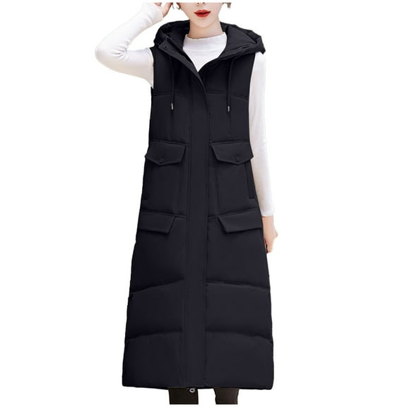 Gamivast Quilted Hooded Vest Women Long Padded Sleeveless Zip up Winter Jackets Fall Fashion Drawstring Solid Coats Casual Travel Button Outerwear with Pockets Winter Clothes for Women