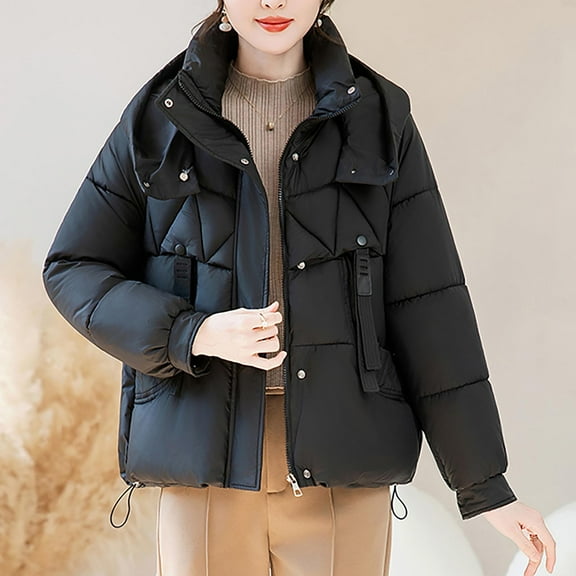 Gamivast Quilted Jackets for Women with Hood Stand Collar Button Winter Outerwear with Pockets Warm Full Zip Long Sleeve Oversized Coats Drawstring Hem Jacket