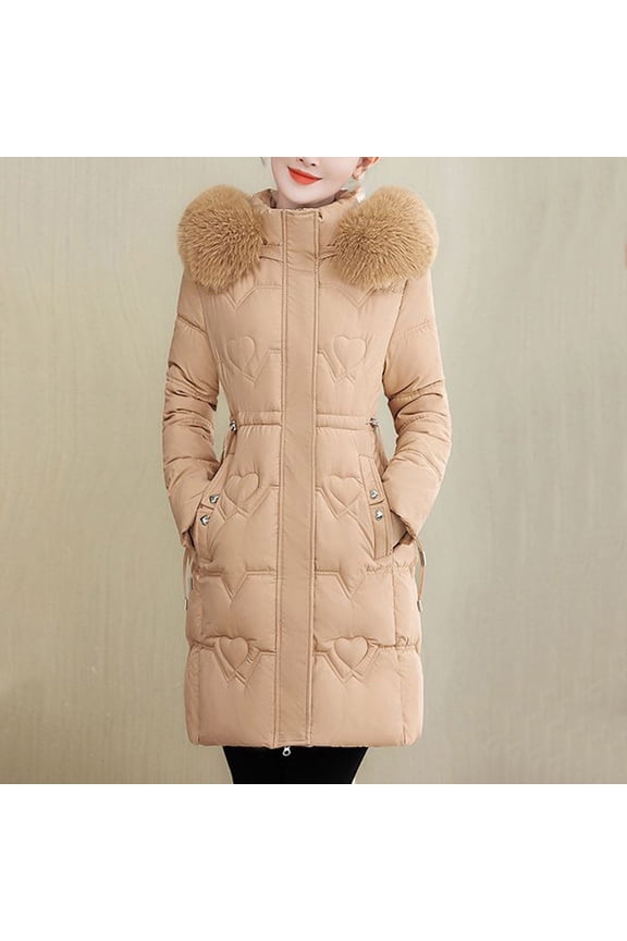 Quilted Jackets for Women Long Heart Faux Fur Hooded Stand Collar Winter Coats with Pockets Casual Drawstring Waist Long Sleeve Jacket Warm Fall Trendy Outerwear