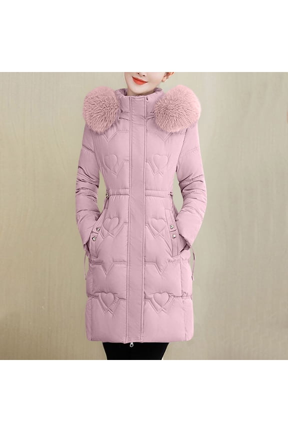 Quilted Jackets for Women Long Heart Faux Fur Hooded Stand Collar Winter Coats with Pockets Casual Drawstring Waist Long Sleeve Jacket Warm Fall Trendy Outerwear