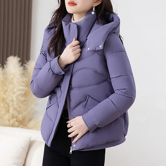 Gamivast Quilted Jackets for Women Short Zip up Padded Detachable Hooded Jacket with Pockets Loose Fitted Long Sleeve Trendy Winter Coats Warm Solid Color Outerwear