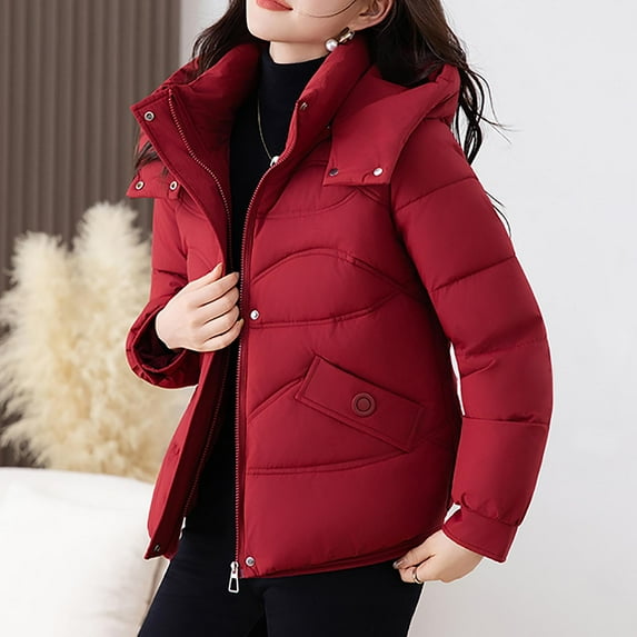 Gamivast Quilted Jackets for Women Short Zip up Padded Detachable Hooded Jacket with Pockets Loose Fitted Long Sleeve Trendy Winter Coats Warm Solid Color Outerwear