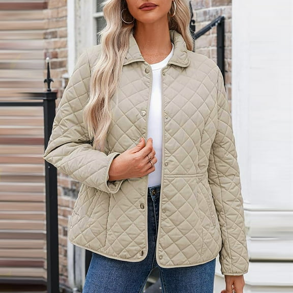 Gamivast Quilted Jackets for Women Plus Size Oversized Lapel Neck Long Sleeve Coats Casual Button Down Solid Outerwear with Pockets Winter Trendy Clothes 2025