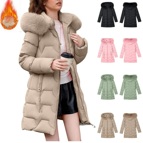Gamivast Quilted Winter Jackets for Women Plus Size Fuzzy Hooded Zip up Loose Coats with Pockets Warm Stand Collar Long Sleeve Work Outerwear Womens Trendy Clothes