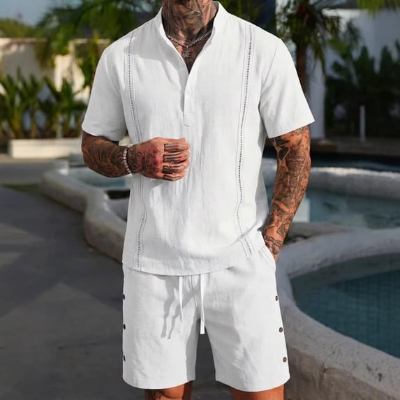Gamivast Retro Style Mens Set Linen Texture Button Down Shirt and Shorts Embroidered Guayabera Outfit for Summer Beach Vacation Casual Party Wear