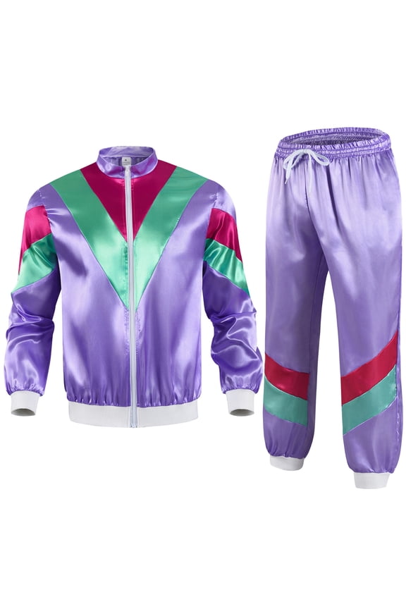 Retro Tracksuit for Men Color Block Bomber Jacket and Elastic Pants Shiny Satin 80S 90S Outfit for Disco Party Hip Hop Dance Casual Clothing