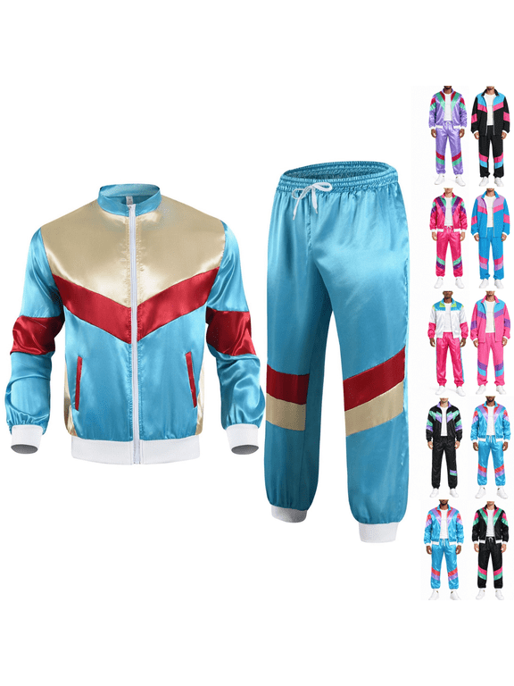 Retro Tracksuit for Men Color Block Bomber Jacket and Elastic Pants Shiny Satin 80S 90S Outfit for Disco Party Hip Hop Dance Casual Clothing