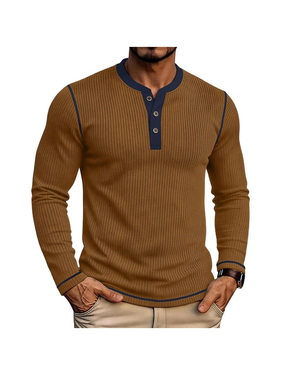 Ribbed Henley Shirt for Men Long Sleeve Button Neck Pullover Top with Contrast Trim Slim Fit Casual Basic Shirt for Everyday Wear Work Travel Fall and Winter Brown L