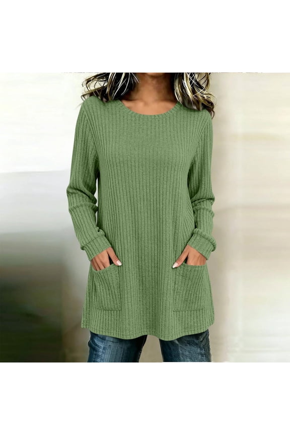 Ribbed Knit Tunic Tops for Women Long Sleeve Crewneck Casual Pullover Shirts with Front Pockets Loose Fit Basic Blouses Fall Winter Clothes for Leggings