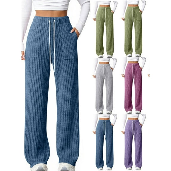 Gamivast Ribbed Pants for Women Lounge High Elastic Waist Trousers with Pockets Tall Work Drawstring Sweatpants Comfortable Athletic Solid Color Joggers