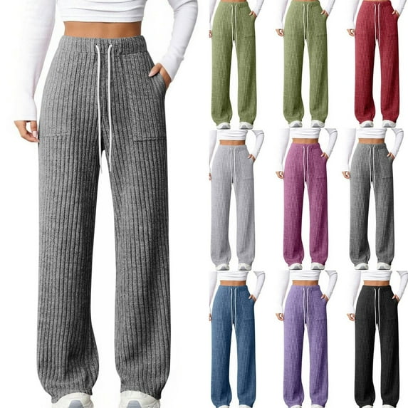 Gamivast Ribbed Pants for Women Lounge High Elastic Waist Trousers with Pockets Tall Work Drawstring Sweatpants Comfortable Athletic Solid Color Joggers