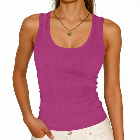 Gamivast Ribbed Tank Top for Women U Neck Slim Fit Knit Sleeveless Cami Shirt High Stretch Breathable Summer Essential Layering Undershirt for Workout Casual Hot Pink XXL