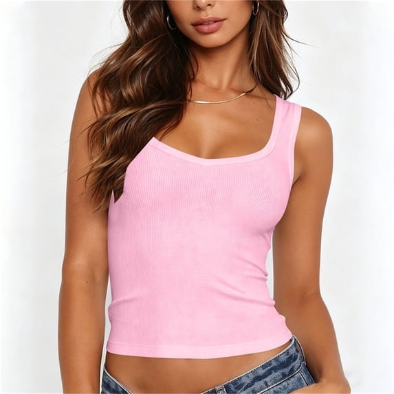 Gamivast Ribbed Tank Top for Women Sleeveless Scoop Neck Fitted Summer Cami Shirt Stretchy Basic Top for Daily Outfits Layering And Workout Pink L